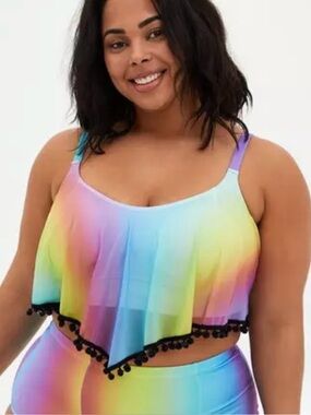 Torrid Rainbow Mesh V-Flounce Bikini Top NWT size 3 3X Colorful Swimsuit Pom Pom